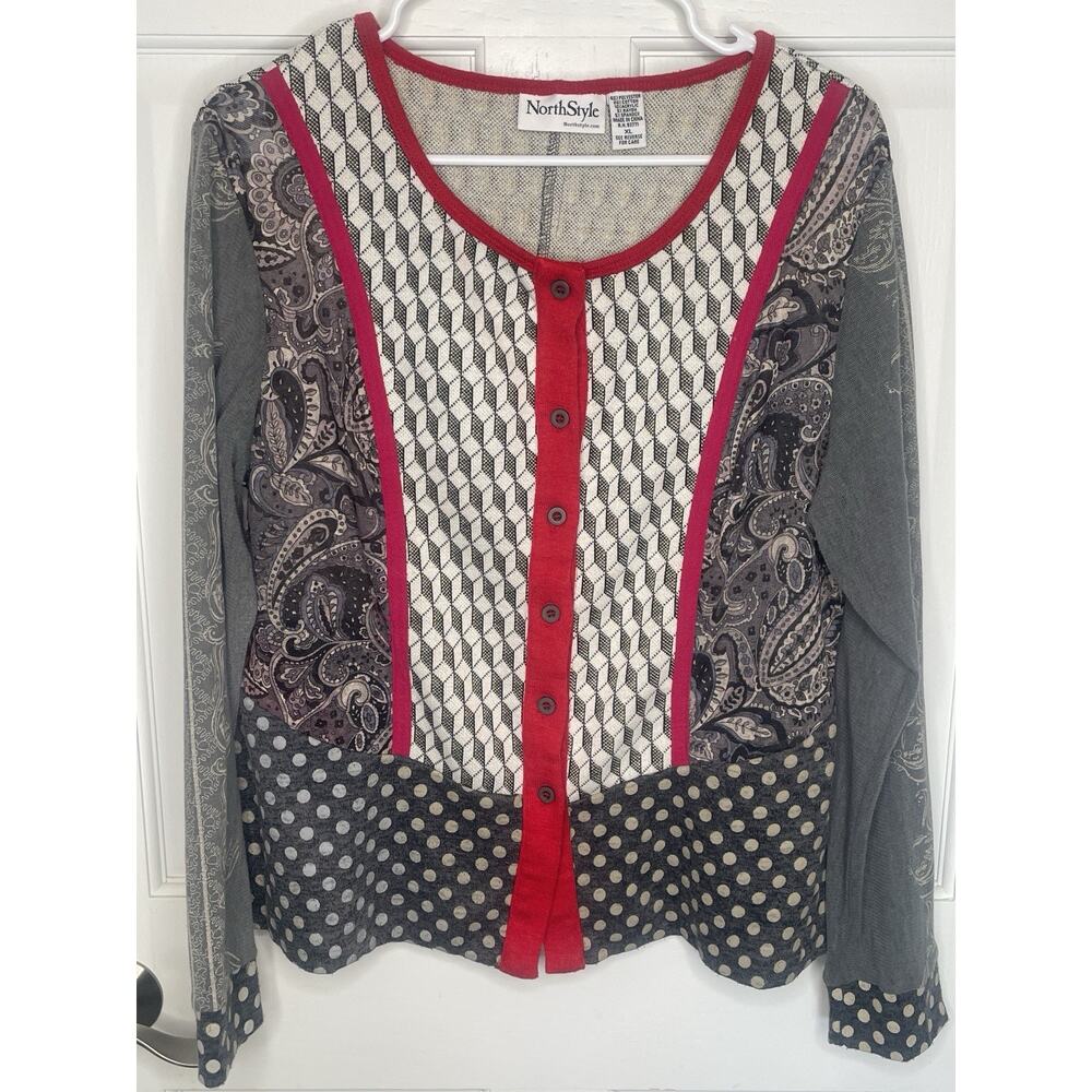 Vintage North Style Women's Patchwork Peplum Cardigan Sz XL Sheer Sleeve Artsy